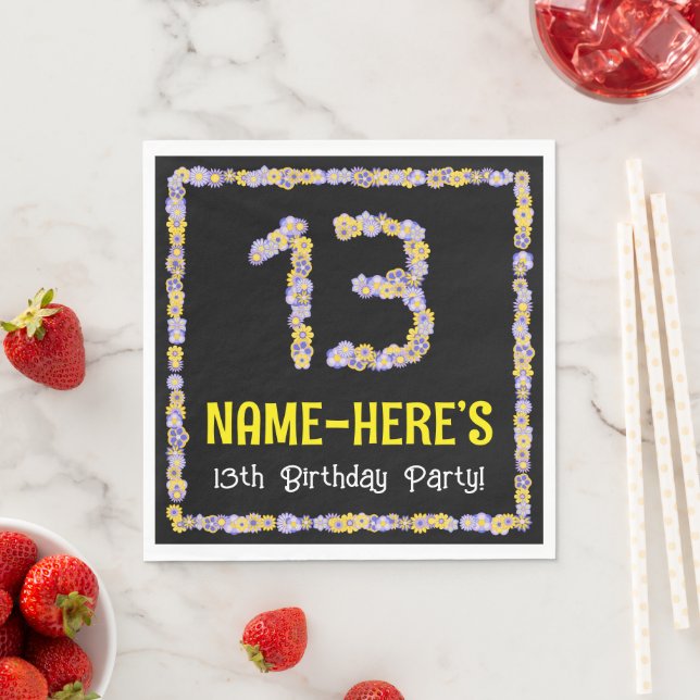 13th Birthday: Floral Flowers Number, Custom Name Napkin (Insitu)