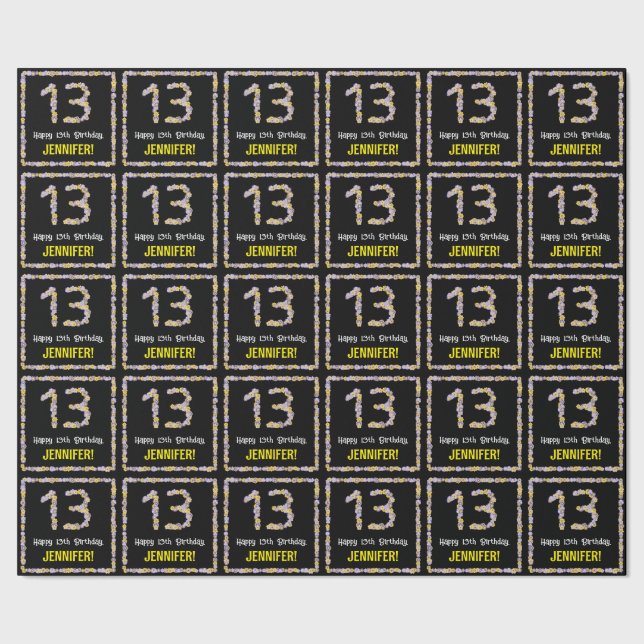 13th Birthday: Floral Flowers Number, Custom Name Wrapping Paper (Seam)