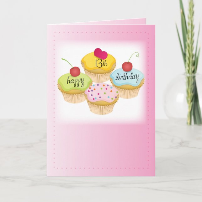 13th Birthday for Girl, Cupcakes on Pink Card (Front)