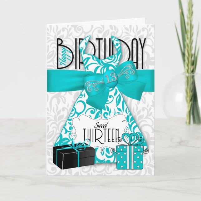 13th Birthday for Her Trendy Bling Turquoise Dress Card (Front)