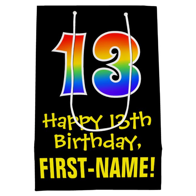 13th Birthday: Fun, Bold, Colourful, Rainbow "13" Medium Gift Bag (Back)