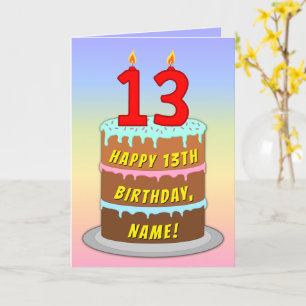 13th Birthday — Fun Cake & Candles, w/ Custom Name Card