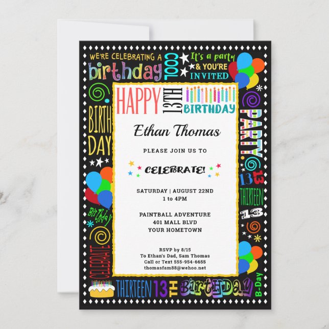 13th Birthday Fun Colour Crazy Text on Black Party Invitation (Front)