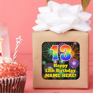 13th Birthday: Fun Fireworks Look, Rainbow # 13 Square Sticker
