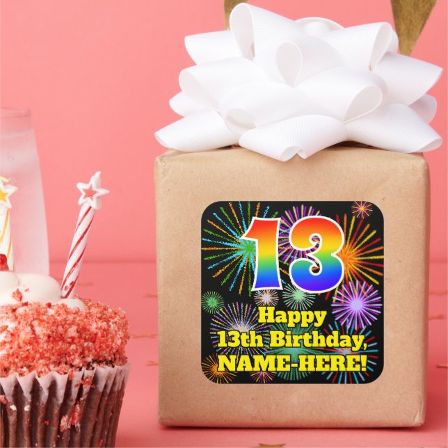 13th Birthday: Fun Fireworks Look, Rainbow # 13 Square Sticker (Party)