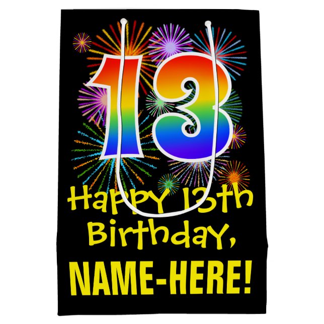 13th Birthday: Fun Fireworks Pattern + Rainbow 13 Medium Gift Bag (Back)