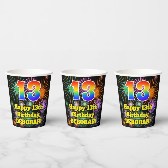 13th Birthday: Fun Fireworks Pattern + Rainbow 13 Paper Cups (Multi)