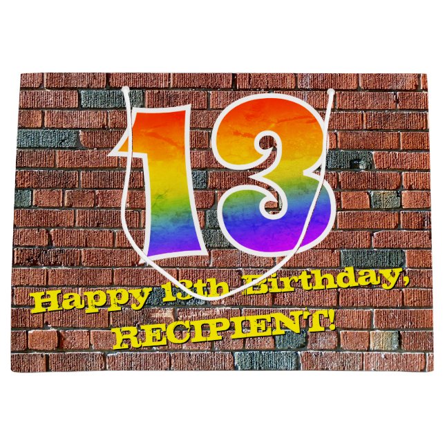 13th Birthday: Fun, Graffiti-Inspired Rainbow # 13 Large Gift Bag (Front)