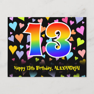 13th Birthday: Fun Hearts Pattern, Rainbow 13 Postcard