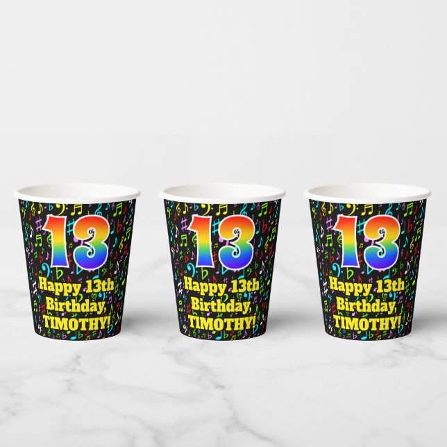 13th Birthday: Fun Music Notes Pattern, Rainbow 13 Paper Cups (Multi)