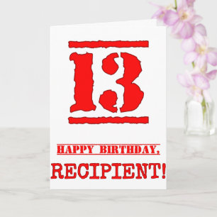 13th Birthday: Fun, Red Rubber Stamp Inspired Look Card