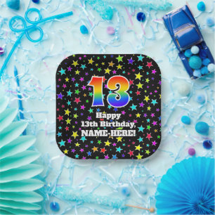 13th Birthday: Fun Stars Pattern and Rainbow “13” Paper Plate