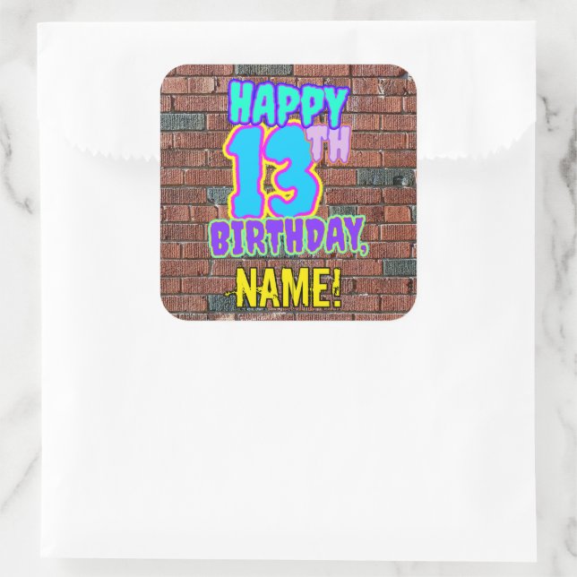 13th Birthday – Fun, Urban Graffiti Inspired Look Square Sticker (Bag)
