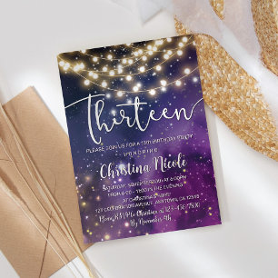 13th Birthday Galaxy Purple Stars String Lights  Invitation