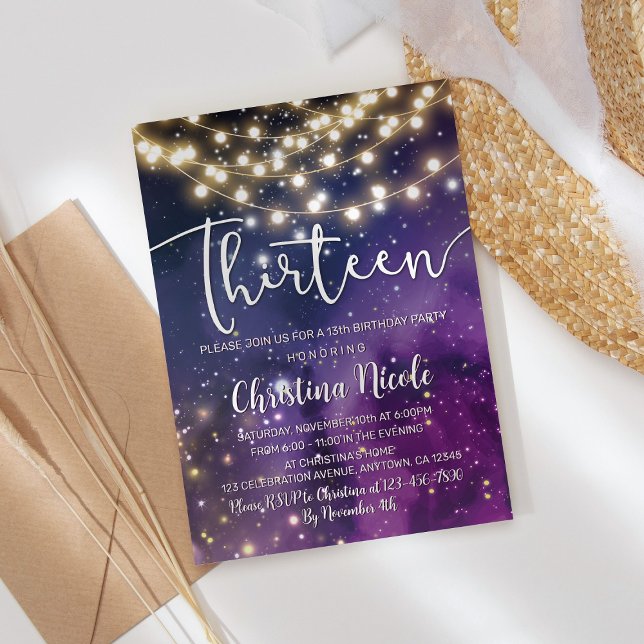 13th Birthday Galaxy Purple Stars String Lights  Invitation (Creator Uploaded)