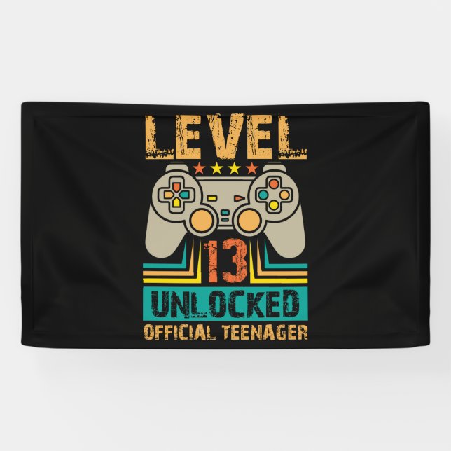 13th Birthday Gift Boys Level 13 Unlocked Official Banner (Horizontal)