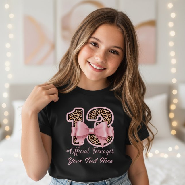 13th Birthday Gift Pink Leopard Print Bow  T-Shirt (Creator Uploaded)