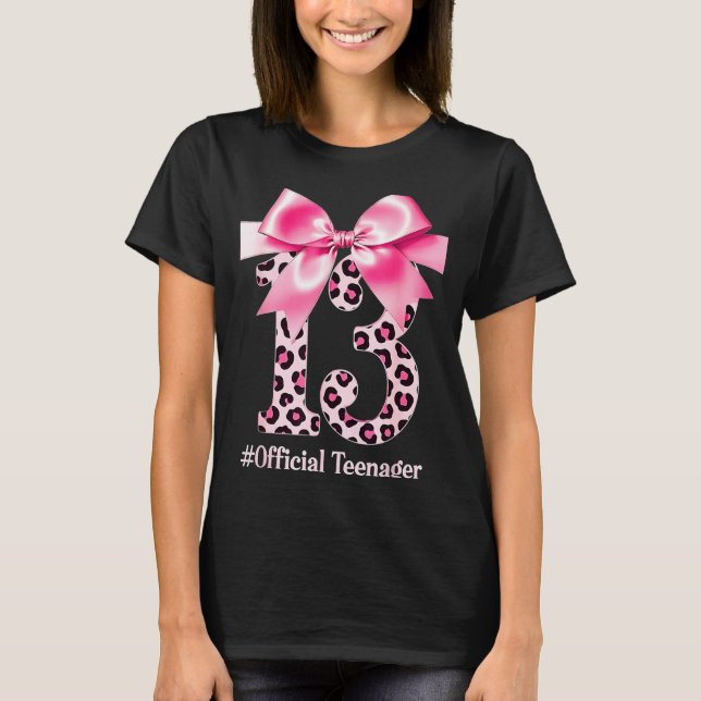 13th Birthday Girl Nk Coquette Bow Leopard 13 Year T-Shirt (Front)