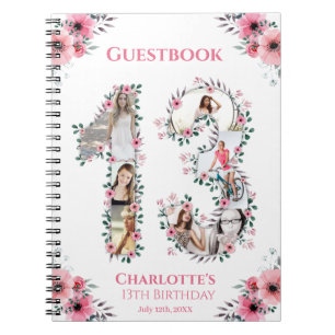 13th Birthday Girl Photo Collage Pink Flower White Notebook