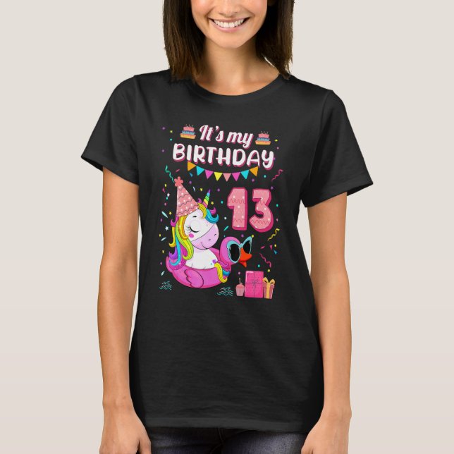 13th Birthday Girl Unicorn Duck Swimming Pool 13 Y T-Shirt (Front)