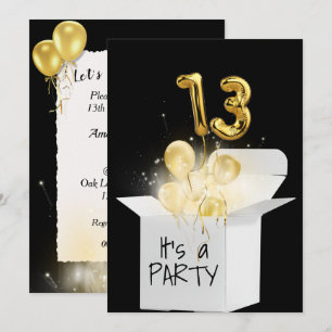 13th Birthday Gold Balloons In White Box  Invitation