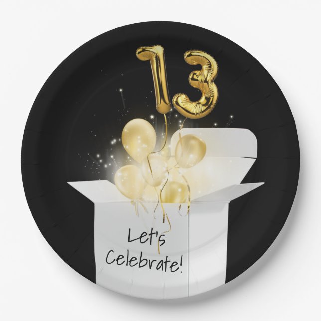13th Birthday Gold Balloons In White Box Paper Plate (Front)