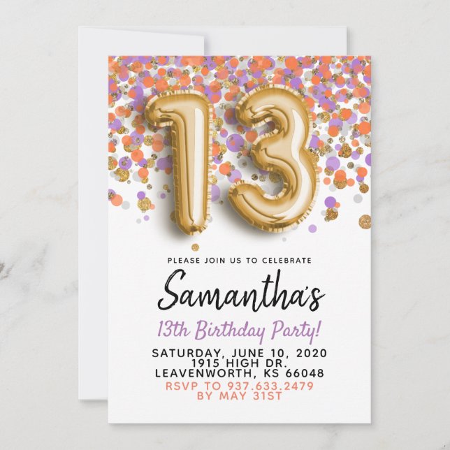 13th Birthday Gold Confetti Invitation (Front)