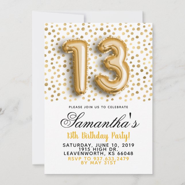 13th Birthday Gold Confetti Invitation (Front)