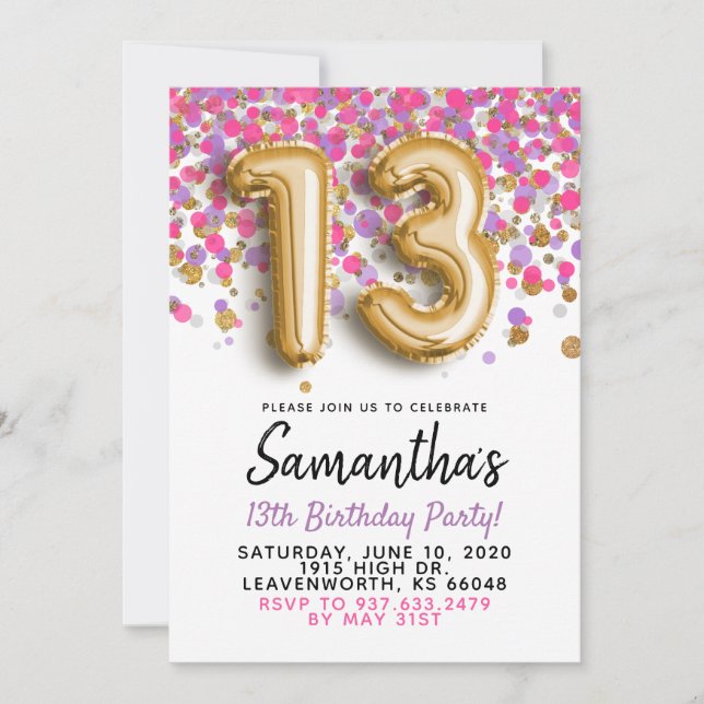 13th Birthday Gold Confetti Invitation (Front)