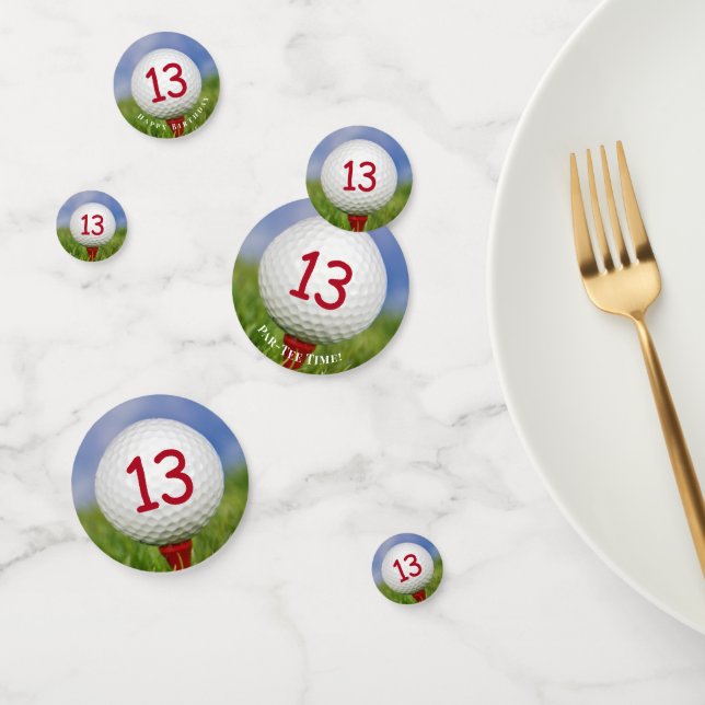 13th birthday golf ball on red tee confetti (Group)
