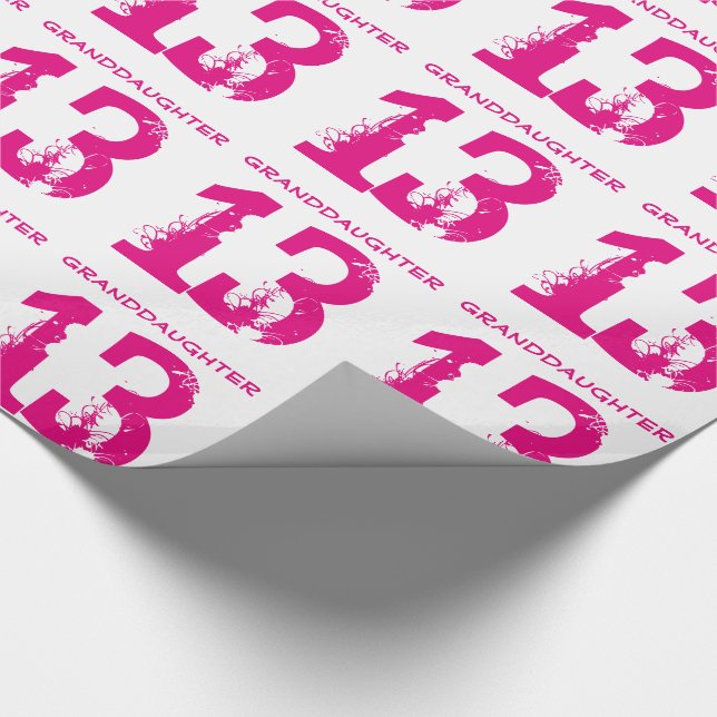 13th Birthday granddaughter, pink text on white. Wrapping Paper (Corner)