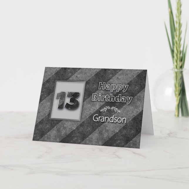 13th BIRTHDAY, Grandson, Grunge Grey Stripes Card (Front)