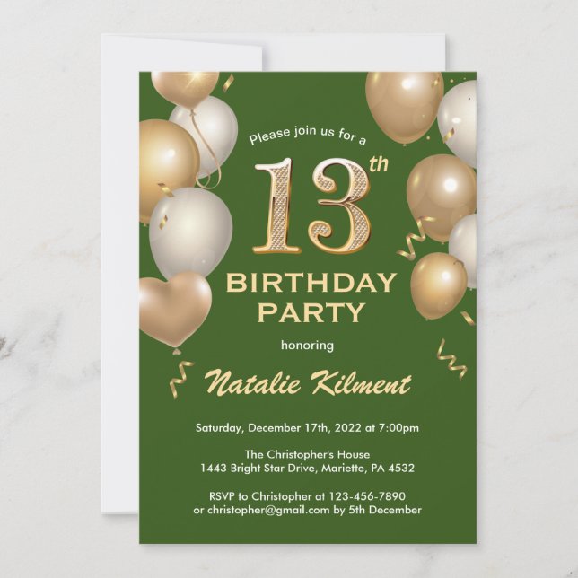 13th Birthday Green and Gold Glitter Balloons Invitation (Front)