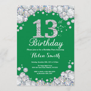 13th Birthday Green and Silver Diamond Invitation