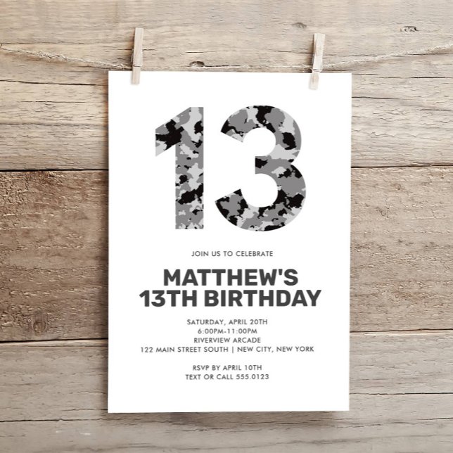 13TH Birthday, Grey Camo Personalised Teen Invitation (Creator Uploaded)