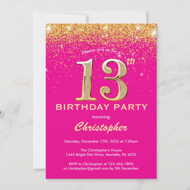 13th Birthday Hot Pink and Gold Glitter Confetti Invitation (Front)