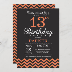13th Birthday Invitation Black and Coral Chevron