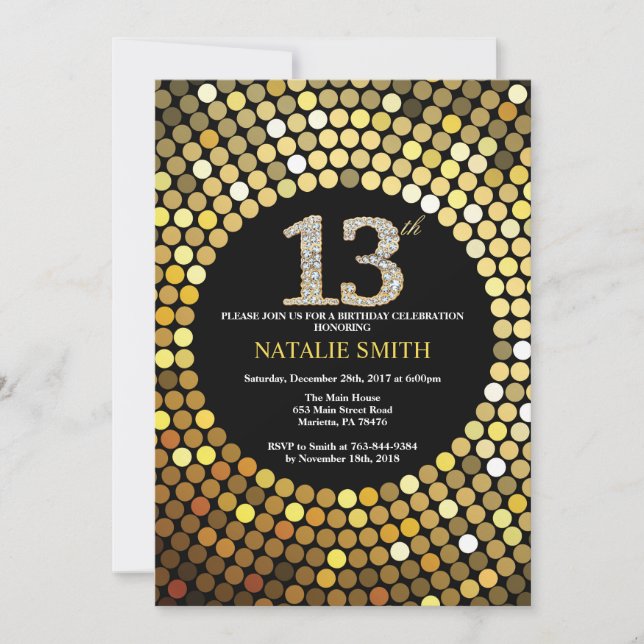 13th Birthday Invitation Black and Gold Glitter (Front)