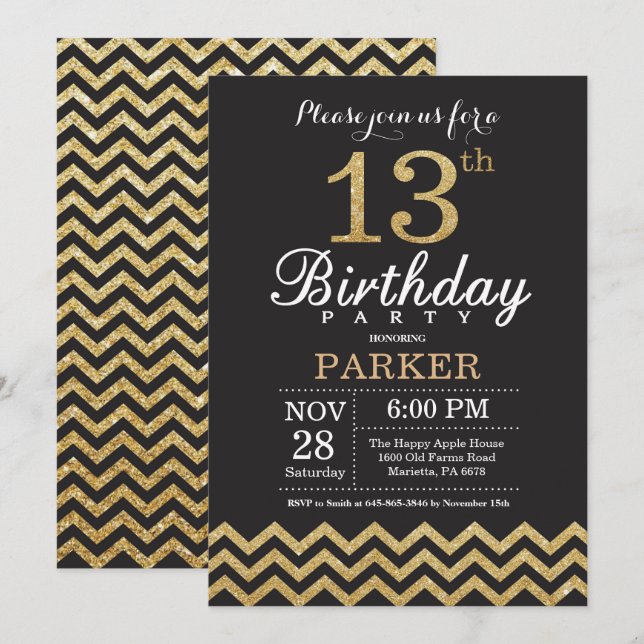 13th Birthday Invitation Black and Gold Glitter (Front/Back)
