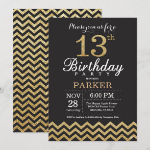 13th Birthday Invitation Black and Gold Glitter