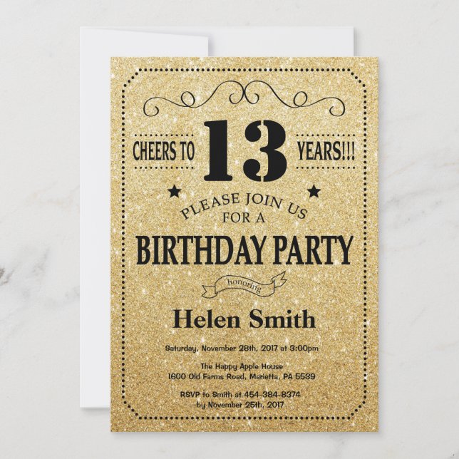 13th Birthday Invitation Black and Gold Glitter (Front)
