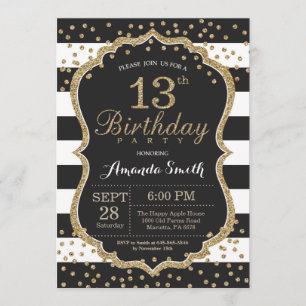 13th Birthday Invitation. Black and Gold Glitter Invitation