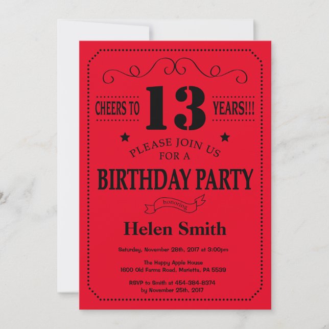 13th Birthday Invitation Black and Red (Front)