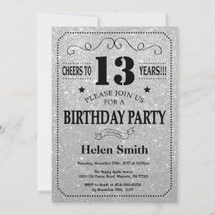 13th Birthday Invitation Black and Silver Glitter