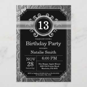 13th Birthday Invitation Black and Silver Glitter