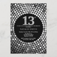 13th Birthday Invitation Black and Silver Glitter