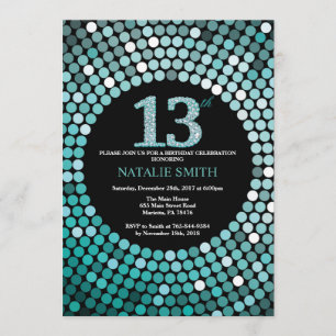 13th Birthday Invitation Black and Teal Glitter