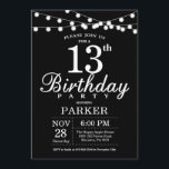 13th Birthday Invitation Black and White<br><div class="desc">13th Birthday Invitation with String Lights. Black Background. Kids Birthday. Boy or Girl Lady Bday Invite. 13th 15th 16th 18th 20th 21st 30th 40th 50th 60th 70th 80th 90th 100th,  Any age. For further customisation,  please click the "Customise it" button and use our design tool to modify this template.</div>