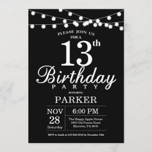 13th Birthday Invitation Black and White