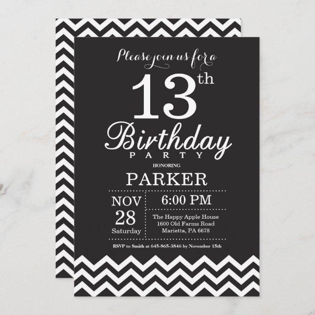 13th Birthday Invitation Black and White Chevron (Front/Back)